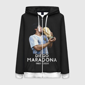 Женская толстовка 3D на молнии с принтом Diego Maradona в Санкт-Петербурге, 100% полиэстер | длина до линии бедра, манжеты и пояс оформлены мягкой тканевой резинкой, двухслойный капюшон со шнурком для регулировки, спереди молния, по бокам два кармана | 10 | 1960 | 2020 | argentina | barcelona | diego | football | legend | leo | lionel | maradona | messi | retro | rip | soccer | аргентина | барселона | бога | диего | легенда | лионель | марадона | месси | мяч | ретро | рука | форма | футбол