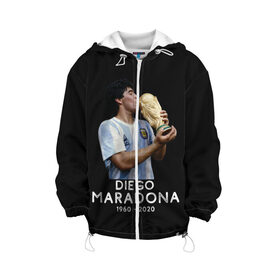 Детская куртка 3D с принтом Diego Maradona в Санкт-Петербурге, 100% полиэстер | застежка — молния, подол и капюшон оформлены резинкой с фиксаторами, по бокам — два кармана без застежек, один потайной карман на груди, плотность верхнего слоя — 90 г/м2; плотность флисового подклада — 260 г/м2 | Тематика изображения на принте: 10 | 1960 | 2020 | argentina | barcelona | diego | football | legend | leo | lionel | maradona | messi | retro | rip | soccer | аргентина | барселона | бога | диего | легенда | лионель | марадона | месси | мяч | ретро | рука | форма | футбол