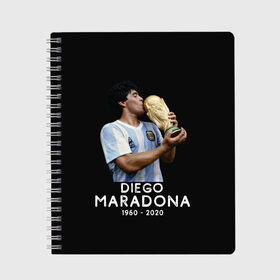 Тетрадь с принтом Diego Maradona в Санкт-Петербурге, 100% бумага | 48 листов, плотность листов — 60 г/м2, плотность картонной обложки — 250 г/м2. Листы скреплены сбоку удобной пружинной спиралью. Уголки страниц и обложки скругленные. Цвет линий — светло-серый
 | Тематика изображения на принте: 10 | 1960 | 2020 | argentina | barcelona | diego | football | legend | leo | lionel | maradona | messi | retro | rip | soccer | аргентина | барселона | бога | диего | легенда | лионель | марадона | месси | мяч | ретро | рука | форма | футбол