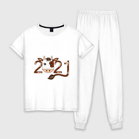 Женская пижама хлопок с принтом Бык 2021 в Санкт-Петербурге, 100% хлопок | брюки и футболка прямого кроя, без карманов, на брюках мягкая резинка на поясе и по низу штанин | 2021 | бык | год быка | гороскоп | дата | животное | китайский | новый год | праздничный | символ