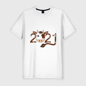 Мужская футболка хлопок Slim с принтом Бык 2021 в Санкт-Петербурге, 92% хлопок, 8% лайкра | приталенный силуэт, круглый вырез ворота, длина до линии бедра, короткий рукав | 2021 | бык | год быка | гороскоп | дата | животное | китайский | новый год | праздничный | символ