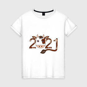 Женская футболка хлопок с принтом Бык 2021 в Санкт-Петербурге, 100% хлопок | прямой крой, круглый вырез горловины, длина до линии бедер, слегка спущенное плечо | 2021 | бык | год быка | гороскоп | дата | животное | китайский | новый год | праздничный | символ