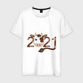 Мужская футболка хлопок с принтом Бык 2021 в Санкт-Петербурге, 100% хлопок | прямой крой, круглый вырез горловины, длина до линии бедер, слегка спущенное плечо. | 2021 | бык | год быка | гороскоп | дата | животное | китайский | новый год | праздничный | символ