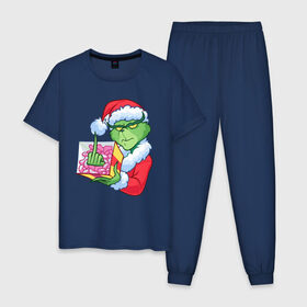 Мужская пижама хлопок с принтом Новый год. Гринч в Санкт-Петербурге, 100% хлопок | брюки и футболка прямого кроя, без карманов, на брюках мягкая резинка на поясе и по низу штанин
 | Тематика изображения на принте: 2021 | гринч | новый год | подарок | рождество