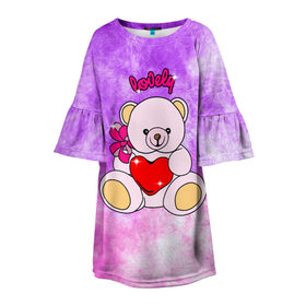 Детское платье 3D с принтом Lovely bear в Санкт-Петербурге, 100% полиэстер | прямой силуэт, чуть расширенный к низу. Круглая горловина, на рукавах — воланы | Тематика изображения на принте: bear | love is | teddy | богиня | валентина | влюбленный | девушке | дочь | жена | игрушка | лучшая | любимая | люблю | мама | марта | медведь | медведь с сердцем | медвежата | мишка тедди | плюшевые | подарок
