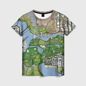 Женская футболка 3D с принтом GTA San Andreas map в Санкт-Петербурге, 100% полиэфир ( синтетическое хлопкоподобное полотно) | прямой крой, круглый вырез горловины, длина до линии бедер | game | grand theft auto | gta san andreas | гта сан андреас | игра | карта | самп