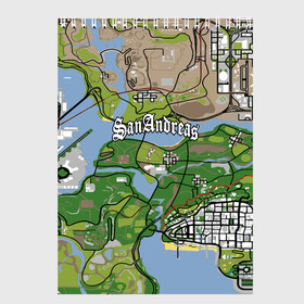 Скетчбук с принтом GTA San Andreas map в Санкт-Петербурге, 100% бумага
 | 48 листов, плотность листов — 100 г/м2, плотность картонной обложки — 250 г/м2. Листы скреплены сверху удобной пружинной спиралью | game | grand theft auto | gta san andreas | гта сан андреас | игра | карта | самп