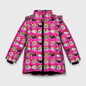Зимняя куртка для девочек 3D с принтом Суши и роллы в Санкт-Петербурге, ткань верха — 100% полиэстер; подклад — 100% полиэстер, утеплитель — 100% полиэстер. | длина ниже бедра, удлиненная спинка, воротник стойка и отстегивающийся капюшон. Есть боковые карманы с листочкой на кнопках, утяжки по низу изделия и внутренний карман на молнии. 

Предусмотрены светоотражающий принт на спинке, радужный светоотражающий элемент на пуллере молнии и на резинке для утяжки. | china | chinese sticks | food | japan | rolls | sushi | еда | икра | китай | китайские палочки | красная | рис | роллы | рыба | суши | суши вок | сырая рыба | форель | япония | японская кухня