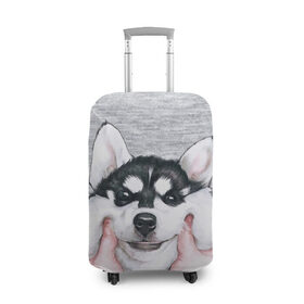 Чехол для чемодана 3D с принтом Хаски в Санкт-Петербурге, 86% полиэфир, 14% спандекс | двустороннее нанесение принта, прорези для ручек и колес | гладить собаку | животные | пёс | пёсики | серый фон | сибирский хаски | собаки | хаски