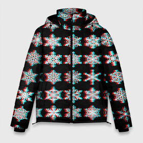 Мужская зимняя куртка 3D с принтом Снежинки Glitch в Санкт-Петербурге, верх — 100% полиэстер; подкладка — 100% полиэстер; утеплитель — 100% полиэстер | длина ниже бедра, свободный силуэт Оверсайз. Есть воротник-стойка, отстегивающийся капюшон и ветрозащитная планка. 

Боковые карманы с листочкой на кнопках и внутренний карман на молнии. | 