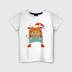 Детская футболка хлопок с принтом Новогодний бычок 2021 в Санкт-Петербурге, 100% хлопок | круглый вырез горловины, полуприлегающий силуэт, длина до линии бедер | 