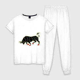 Женская пижама хлопок с принтом Bull silhouette and garland в Санкт-Петербурге, 100% хлопок | брюки и футболка прямого кроя, без карманов, на брюках мягкая резинка на поясе и по низу штанин | 
