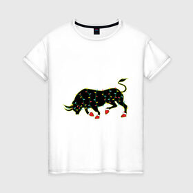 Женская футболка хлопок с принтом Bull silhouette and garland в Санкт-Петербурге, 100% хлопок | прямой крой, круглый вырез горловины, длина до линии бедер, слегка спущенное плечо | 