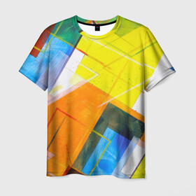 Мужская футболка 3D с принтом Геометрический хаос в Санкт-Петербурге, 100% полиэфир | прямой крой, круглый вырез горловины, длина до линии бедер | Тематика изображения на принте: абстракция | геометрия | квадрат | кисть | краска | прямоугольник | треугольник | фигура | хаос