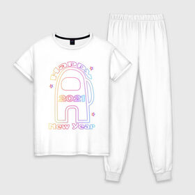 Женская пижама хлопок с принтом Among Us 2021 Neon | Новый год в Санкт-Петербурге, 100% хлопок | брюки и футболка прямого кроя, без карманов, на брюках мягкая резинка на поясе и по низу штанин | 