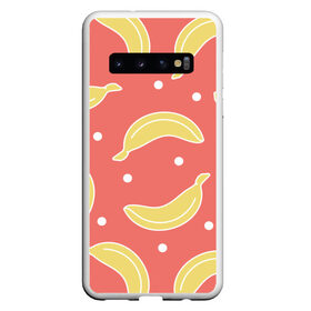 Чехол для Samsung Galaxy S10 с принтом Банановый рай в Санкт-Петербурге, Силикон | Область печати: задняя сторона чехла, без боковых панелей | Тематика изображения на принте: банан | банановый | белый | еда | желтый | летний | питание | розовый | точки | фрукт