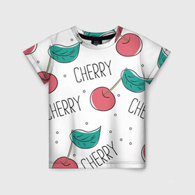 Детская футболка 3D с принтом Вишенки Cherry в Санкт-Петербурге, 100% гипоаллергенный полиэфир | прямой крой, круглый вырез горловины, длина до линии бедер, чуть спущенное плечо, ткань немного тянется | cherry | белый | вишня | красный | лето | надпись | сад | черенок | черешня | ягода