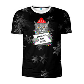 Мужская футболка 3D спортивная с принтом Новогодний кот в Санкт-Петербурге, 100% полиэстер с улучшенными характеристиками | приталенный силуэт, круглая горловина, широкие плечи, сужается к линии бедра | 