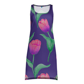 Платье-майка 3D с принтом Тюльпаны на фиолетовом фоне в Санкт-Петербурге, 100% полиэстер | полуприлегающий силуэт, широкие бретели, круглый вырез горловины, удлиненный подол сзади. | зеленый | листья | любовь | паттерн | праздник | природа | растения | розовый | романтика | тюльпаны | узор | фиолетовый | цветы