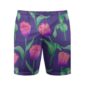 Мужские шорты спортивные с принтом Тюльпаны на фиолетовом фоне в Санкт-Петербурге,  |  | зеленый | листья | любовь | паттерн | праздник | природа | растения | розовый | романтика | тюльпаны | узор | фиолетовый | цветы