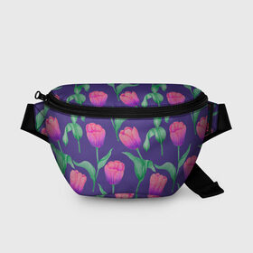 Поясная сумка 3D с принтом Тюльпаны на фиолетовом фоне в Санкт-Петербурге, 100% полиэстер | плотная ткань, ремень с регулируемой длиной, внутри несколько карманов для мелочей, основное отделение и карман с обратной стороны сумки застегиваются на молнию | зеленый | листья | любовь | паттерн | праздник | природа | растения | розовый | романтика | тюльпаны | узор | фиолетовый | цветы
