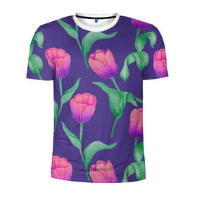 Мужская футболка 3D спортивная с принтом Тюльпаны на фиолетовом фоне в Санкт-Петербурге, 100% полиэстер с улучшенными характеристиками | приталенный силуэт, круглая горловина, широкие плечи, сужается к линии бедра | зеленый | листья | любовь | паттерн | праздник | природа | растения | розовый | романтика | тюльпаны | узор | фиолетовый | цветы