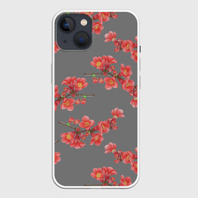 Чехол для iPhone 13 с принтом Цветы айвы на сером фоне в Санкт-Петербурге,  |  | айва | весна | красный | лето | паттерн | подарок | природа | растения | романтика | серый | узор | цветы