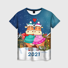 Женская футболка 3D с принтом Влюбленные бык и корова 2021 в Санкт-Петербурге, 100% полиэфир ( синтетическое хлопкоподобное полотно) | прямой крой, круглый вырез горловины, длина до линии бедер | Тематика изображения на принте: 2021 | 7 января | bull | newyear | santa | бык | быки | бычок | год быка | дед мороз | корова | новогодние каникулы | новогодние праздники | новый 2021 | новый год | новый год 2021 | рождество | сани | санта | санта клаус