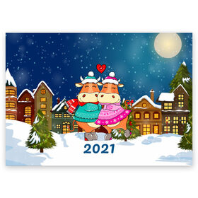 Поздравительная открытка с принтом Влюбленные бык и корова 2021 в Санкт-Петербурге, 100% бумага | плотность бумаги 280 г/м2, матовая, на обратной стороне линовка и место для марки
 | 2021 | 7 января | bull | newyear | santa | бык | быки | бычок | год быка | дед мороз | корова | новогодние каникулы | новогодние праздники | новый 2021 | новый год | новый год 2021 | рождество | сани | санта | санта клаус