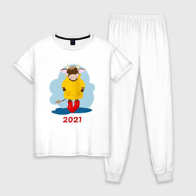 Женская пижама хлопок с принтом Год быка 2021 в Санкт-Петербурге, 100% хлопок | брюки и футболка прямого кроя, без карманов, на брюках мягкая резинка на поясе и по низу штанин | 