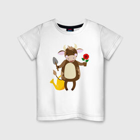 Детская футболка хлопок с принтом Бык садовникГод быка 2021 в Санкт-Петербурге, 100% хлопок | круглый вырез горловины, полуприлегающий силуэт, длина до линии бедер | 