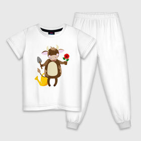 Детская пижама хлопок с принтом Бык садовникГод быка 2021 в Санкт-Петербурге, 100% хлопок |  брюки и футболка прямого кроя, без карманов, на брюках мягкая резинка на поясе и по низу штанин
 | 