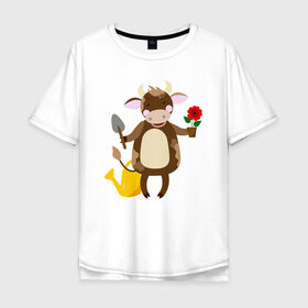 Мужская футболка хлопок Oversize с принтом Бык садовникГод быка 2021 в Санкт-Петербурге, 100% хлопок | свободный крой, круглый ворот, “спинка” длиннее передней части | 