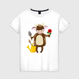 Женская футболка хлопок с принтом Бык садовникГод быка 2021 в Санкт-Петербурге, 100% хлопок | прямой крой, круглый вырез горловины, длина до линии бедер, слегка спущенное плечо | 