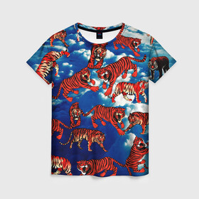 Женская футболка 3D с принтом Тигры В Облаках в Санкт-Петербурге, 100% полиэфир ( синтетическое хлопкоподобное полотно) | прямой крой, круглый вырез горловины, длина до линии бедер | белый | животные | звери | кот | кошки | красный | небо | облака | полосатый | природа | рычит | синий | тигры | тренд