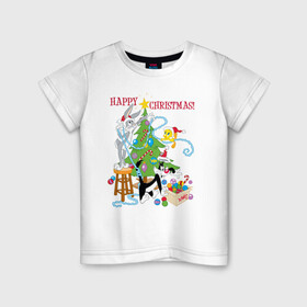 Детская футболка хлопок с принтом Happy Christmas! в Санкт-Петербурге, 100% хлопок | круглый вырез горловины, полуприлегающий силуэт, длина до линии бедер | bugs | bunny | cat | looney | sylvester | tunes | vdzajul | багз | бани | банни | сильвестр кот | твити