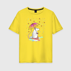 Женская футболка хлопок Oversize с принтом Крыса под зонтиком в Санкт-Петербурге, 100% хлопок | свободный крой, круглый ворот, спущенный рукав, длина до линии бедер
 | дождь | животное | зонт | крыса | лужи | мультяшное | мышь | осенние листья | осень
