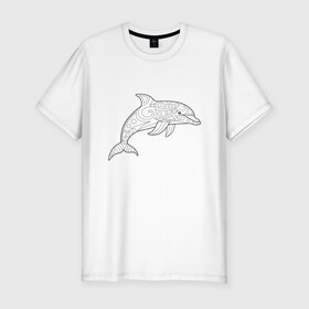 Мужская футболка хлопок Slim с принтом Дельфин линейный с узорами в Санкт-Петербурге, 92% хлопок, 8% лайкра | приталенный силуэт, круглый вырез ворота, длина до линии бедра, короткий рукав | Тематика изображения на принте: дельфин | животное | линейный | морское | океанское | узоры | чёрно  белый