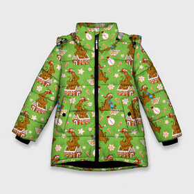 Зимняя куртка для девочек 3D с принтом Scooby-cookies в Санкт-Петербурге, ткань верха — 100% полиэстер; подклад — 100% полиэстер, утеплитель — 100% полиэстер. | длина ниже бедра, удлиненная спинка, воротник стойка и отстегивающийся капюшон. Есть боковые карманы с листочкой на кнопках, утяжки по низу изделия и внутренний карман на молнии. 

Предусмотрены светоотражающий принт на спинке, радужный светоотражающий элемент на пуллере молнии и на резинке для утяжки. | 005850 | cookies | scooby doo | shaggy | vdkotan | велма | дафна | скуби | скуби ду | шэгги
