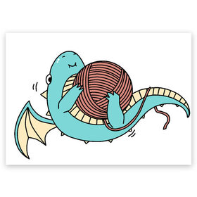 Поздравительная открытка с принтом Маленький дракончик в Санкт-Петербурге, 100% бумага | плотность бумаги 280 г/м2, матовая, на обратной стороне линовка и место для марки
 | динозавр | дракон | дракончик | клубок | малыш | нитки
