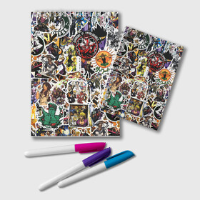 Блокнот с принтом JoJo’s Sticker Bombing в Санкт-Петербурге, 100% бумага | 48 листов, плотность листов — 60 г/м2, плотность картонной обложки — 250 г/м2. Листы скреплены удобной пружинной спиралью. Цвет линий — светло-серый
 | Тематика изображения на принте: anime | jojo’s bizarre adventure | sticker bombing | аниме | джо джо | жо жо | манга | мультфильм | невероятные приключения джоджо | персонаж | стикер бомбинг