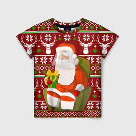 Детская футболка 3D с принтом Санта с защитным экраном в Санкт-Петербурге, 100% гипоаллергенный полиэфир | прямой крой, круглый вырез горловины, длина до линии бедер, чуть спущенное плечо, ткань немного тянется | deer | happy new year | new year | santa | защитный экран | корона | коронавирус | новогодний свитер | новый год | санта | санта клаус | свитер | свитер с маской | свитер с оленями