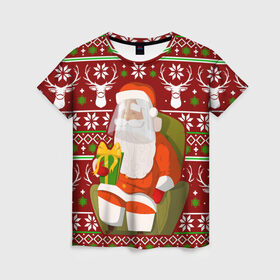Женская футболка 3D с принтом Санта с защитным экраном в Санкт-Петербурге, 100% полиэфир ( синтетическое хлопкоподобное полотно) | прямой крой, круглый вырез горловины, длина до линии бедер | deer | happy new year | new year | santa | защитный экран | корона | коронавирус | новогодний свитер | новый год | санта | санта клаус | свитер | свитер с маской | свитер с оленями