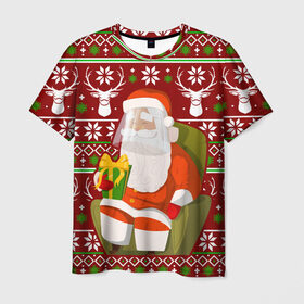 Мужская футболка 3D с принтом Санта с защитным экраном в Санкт-Петербурге, 100% полиэфир | прямой крой, круглый вырез горловины, длина до линии бедер | deer | happy new year | new year | santa | защитный экран | корона | коронавирус | новогодний свитер | новый год | санта | санта клаус | свитер | свитер с маской | свитер с оленями