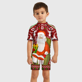 Детский купальный костюм 3D с принтом Санта с защитным экраном в Санкт-Петербурге, Полиэстер 85%, Спандекс 15% | застежка на молнии на спине | deer | happy new year | new year | santa | защитный экран | корона | коронавирус | новогодний свитер | новый год | санта | санта клаус | свитер | свитер с маской | свитер с оленями