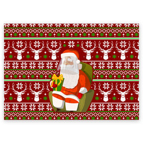 Поздравительная открытка с принтом Санта с защитным экраном в Санкт-Петербурге, 100% бумага | плотность бумаги 280 г/м2, матовая, на обратной стороне линовка и место для марки
 | deer | happy new year | new year | santa | защитный экран | корона | коронавирус | новогодний свитер | новый год | санта | санта клаус | свитер | свитер с маской | свитер с оленями