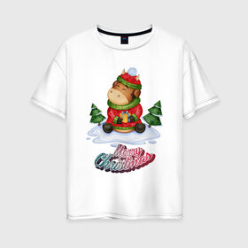 Женская футболка хлопок Oversize с принтом Бычок зимой в Санкт-Петербурге, 100% хлопок | свободный крой, круглый ворот, спущенный рукав, длина до линии бедер
 | 
