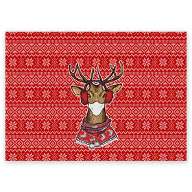 Поздравительная открытка с принтом Deer in a medical mask в Санкт-Петербурге, 100% бумага | плотность бумаги 280 г/м2, матовая, на обратной стороне линовка и место для марки
 | Тематика изображения на принте: deer | happy new year | new year | santa | защитный экран | корона | коронавирус | новогодний свитер | новый год | свитер | свитер с маской | свитер с оленями
