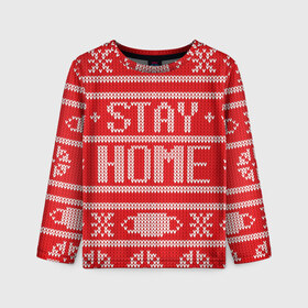 Детский лонгслив 3D с принтом Stay home в Санкт-Петербурге, 100% полиэстер | длинные рукава, круглый вырез горловины, полуприлегающий силуэт
 | deer | happy new year | new year | santa | защитный экран | корона | коронавирус | новогодний свитер | новый год | свитер | свитер с маской | свитер с оленями