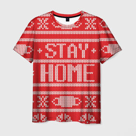 Мужская футболка 3D с принтом Stay home в Санкт-Петербурге, 100% полиэфир | прямой крой, круглый вырез горловины, длина до линии бедер | deer | happy new year | new year | santa | защитный экран | корона | коронавирус | новогодний свитер | новый год | свитер | свитер с маской | свитер с оленями